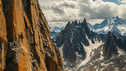 A solitary climber scaling a sheer rock face, demonstrating a blend of strength and determination against the vast, rugged backdrop.