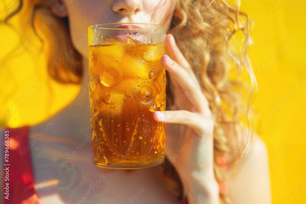 Close up portrait of woman with cocktail drink on yellow wooden background. Banner. summer. Cold lemon tea Close up portrait of woman with cocktail drink on yellow wooden background. Banner. summer. Cold lemon tea