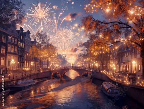 A city street with a bridge and a river. The bridge is lit up with lights and fireworks