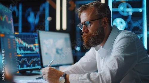Making some corrections using pen and notepad. Bearded man in white shirt works in the office with multiple computer screens in index charts