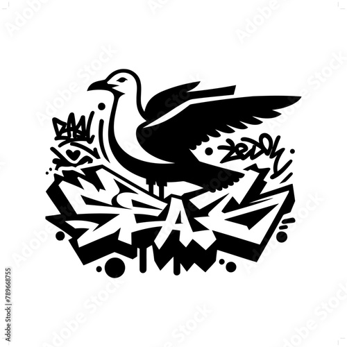 Seagull silhouette, animal graffiti tag, hip hop, street art typography illustration.