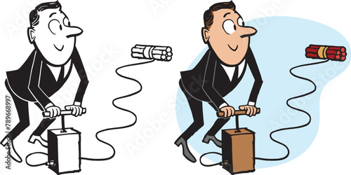 A vintage retro cartoon of a businessman about to blow up dynamite by pressing a plunger. 