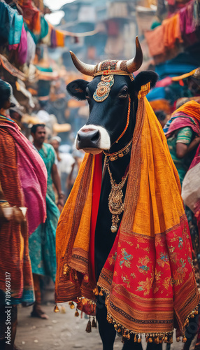 Sacred Bull in Ornaments Amidst Crowd on Streets © Mikalai