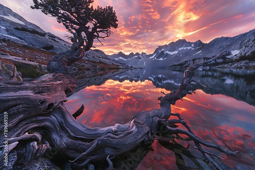 : A crystal-clear mountain lake reflecting the fiery colors of a twilight sky. In the foreground, a gnarled, ancient tree branch reaches out towards the water, its bark etched with stories of time.