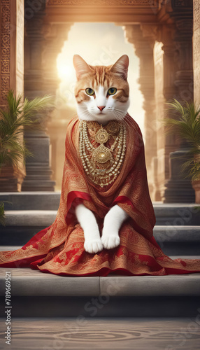 Cat in Eastern Attire with Temple Background