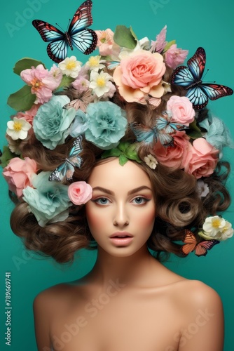young woman with a wreath of flowers on her head Generative AI © Evghenii