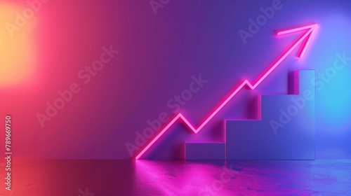 Abstract graphic of a neon-lit staircase with an upward arrow  symbolizing ascent and improvement. Creative design with vivid pink and blue illumination.