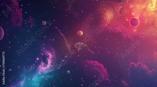 Surreal digital art of a fantasy space scene with colorful planets and nebula clouds. Vibrant cosmic landscape for science fiction themes.