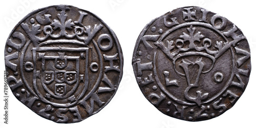 Old Portuguese Silver coin from the reign of João III king of Portugal in the 16th century photo