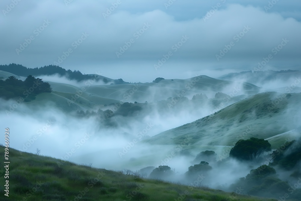 : A dense fog settling over a hilly terrain, with a gentle drizzle blurring the distant hills