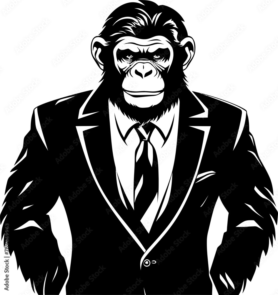 Ape Attire Stylish Chimpanzee Wearing Suit Logo Executive Chimp Long Haired Primate in Business Suit Vector Icon Ape Attire Stylish Chimpanzee Wearing Suit Logo Executive Chimp Long Haired Primate in Business Suit Vector Icon