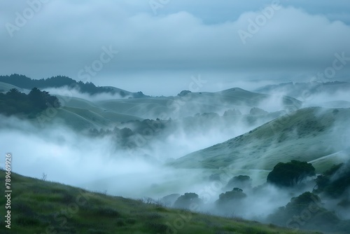   A dense fog settling over a hilly terrain  with a gentle drizzle blurring the distant hills
