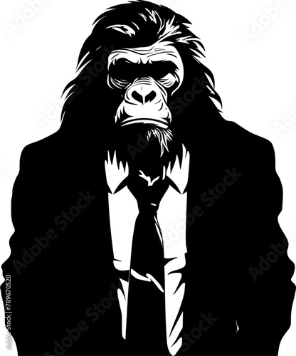 Chic Chimp Charm Long Haired Chimpanzee Wearing Suit Vector Professional Panache Suave Chimpanzee in Formal Attire Emblem