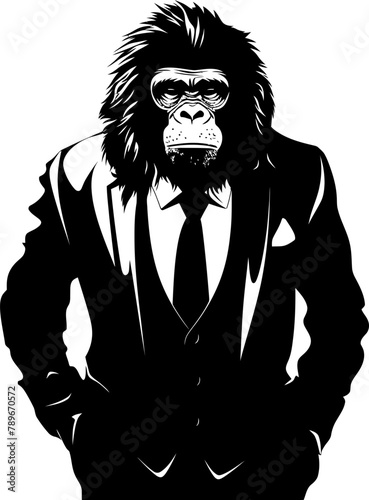 Business Baboon Long Haired Chimp in Suit Emblem Sophisticated Swagger Suited Chimpanzee Vector Icon