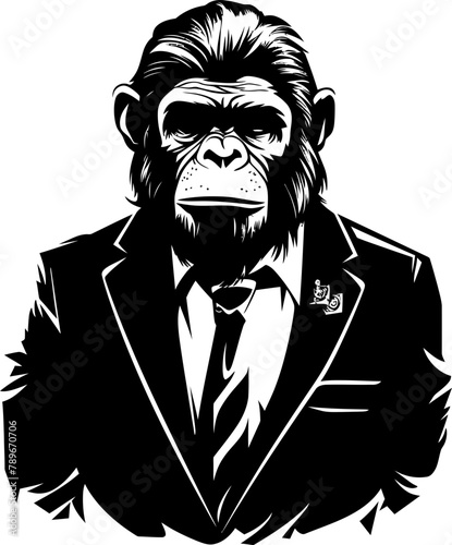 Chic Chimp Charm Long Haired Chimpanzee Suit Logo Professional Panache Suave Chimpanzee Vector Icon