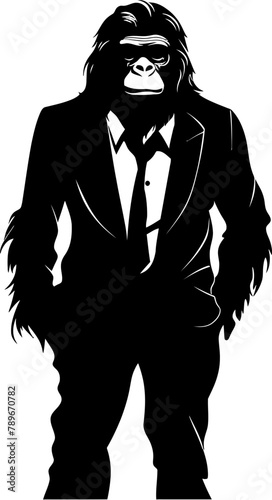 Chic Chimp Charm Stylish Chimpanzee in Suit Vector Logo Professional Panache Long Haired Chimp Emblem in Formal Attire