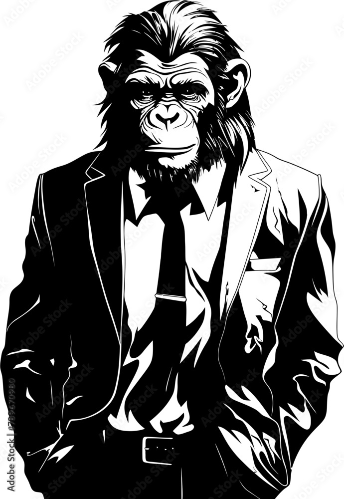 Distinguished Primate Chic Chimpanzee in Formal Attire Emblem Executive Ensemble Suave Long Haired Chimpanzee Suit Icon Distinguished Primate Chic Chimpanzee in Formal Attire Emblem Executive Ensemble Suave Long Haired Chimpanzee Suit Icon