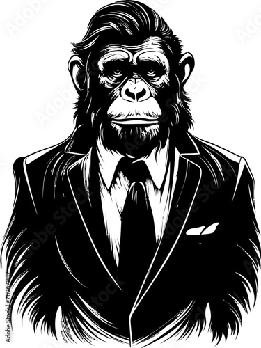 Chic Chimp Charm Stylish Chimpanzee in Formal Attire Design Professional Panache Long Haired Chimp Suit Emblem