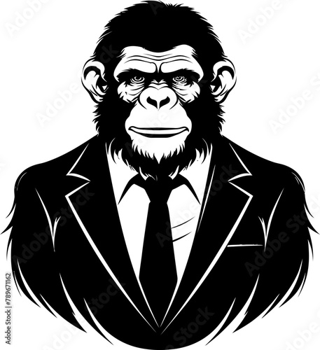 Professional Panache Long Haired Chimp in Business Suit Design Sophisticated Swagger Suited Chimpanzee Emblem Logo