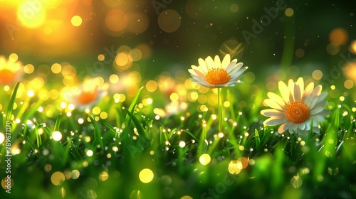 Daisies in the grass, fireflies flying in the background