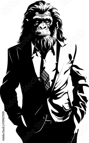 Chic Chimp Charm Stylish Chimpanzee Emblem Design Professional Panache Long Haired Primate in Formal Attire Logo