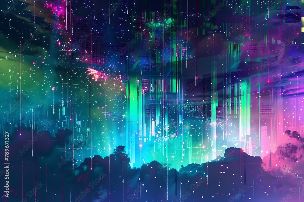 : A digital glitch reimagines the night sky. A fractured grid reveals glimpses of a vibrant aurora borealis, its vibrant greens and purples distorted and pulsating. Glittering pixels rain down like 