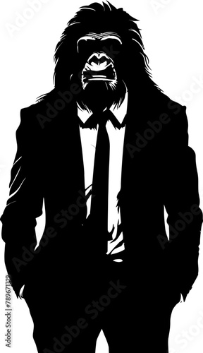 Professional Panache Long Haired Chimp in Formal Attire Design Sophisticated Swagger Suited Chimpanzee Emblem Vector