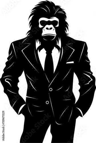 Chic Chimp Charm Stylish Chimpanzee in Business Suit Logo Professional Panache Long Haired Primate in Suit Vector Emblem