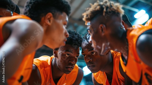 basketball team huddled together in a strategy discussion during a intense game, determination in their eyes