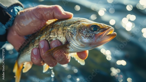 close-up of a hand holding a freshly caught fish, glistening scales reflecting sunlight