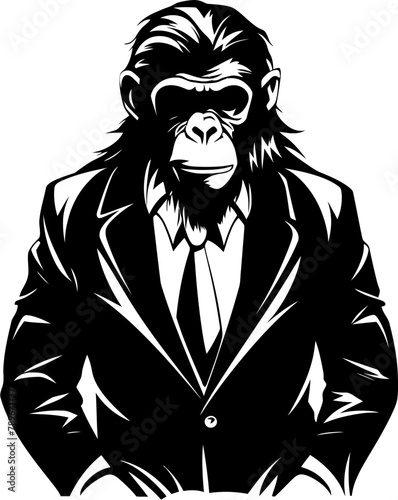 Tailored Trends Stylish Chimpanzee Suit Emblem Icon Suave Simian Sophistication Long Haired Chimpanzee in Suit Vector Emblem