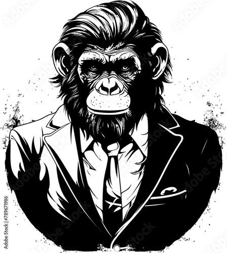 Formal Finesse Stylish Chimpanzee Suit Emblem Icon Suave Simian Style Long Haired Chimpanzee Vector Emblem