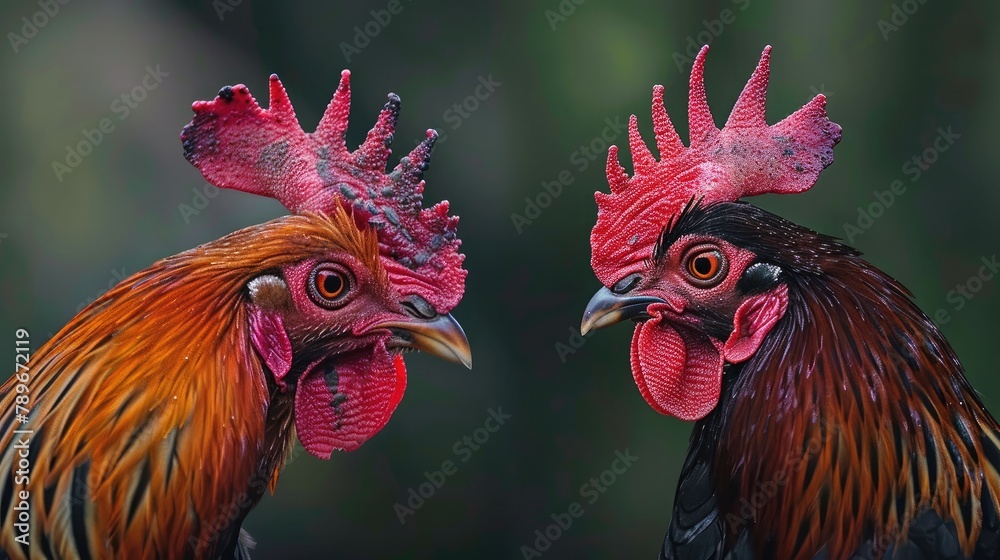 dramatic moment frozen in time as two roosters lock eyes in a tense standoff before the battle begins