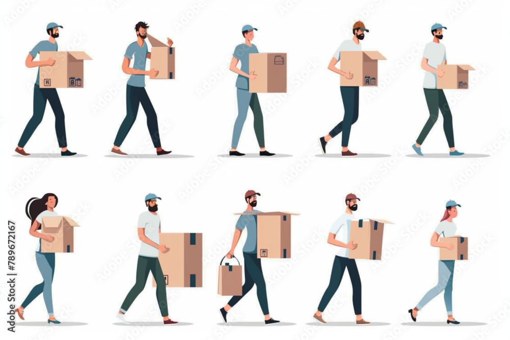 Moving company. Relocation service. Movers carry boxes into the house. Moving. Vector illustration 3D avatars set vector icon, white background, black colour icon