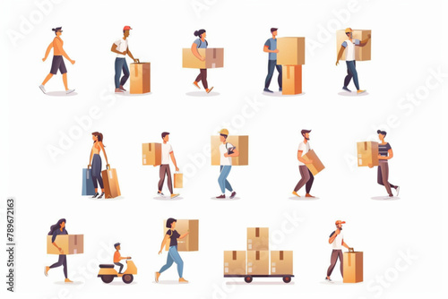 Moving company. Relocation service. Movers carry boxes into the house. Moving. Vector illustration 3D avatars set vector icon, white background, black colour icon © Ahtesham