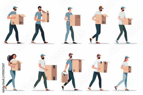 Moving company. Relocation service. Movers carry boxes into the house. Moving. Vector illustration 3D avatars set vector icon, white background, black colour icon