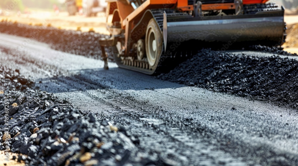 Heavy machinery paving a road surface with fresh asphalt, demonstrating the process of road construction and repair. Heavy machinery paving a road surface with fresh asphalt, demonstrating the process of road construction and repair.
