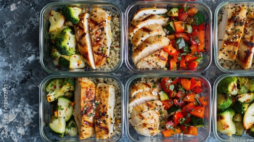 healthy meal prep spread with portioned containers of grilled chicken, roasted vegetables, and quinoa, promoting mindful eating for fitness goals.