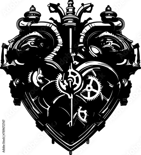 Metallic Embrace Machanical Steampunk Heart Emblem Steam Powered Sentiment Steampunk Human Heart Icon Logo