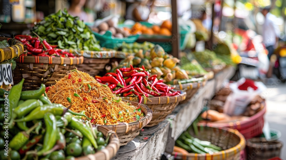 market stall filled with fresh herbs, spices, and exotic ingredients used in Thai cooking, highlighting the vibrant and aromatic elements of Thai cuisine.