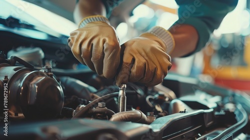 mechanic replaces spark plugs in a car, promoting smooth ignition and fuel efficiency. photo