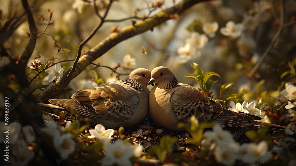 Obraz premium A serene view of a pair of doves nestled among the gentle branches of a blooming cherry tree, symbolizing peace and tranquility in the springtime air