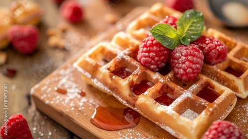 waffle on a wooden table closeup, waffle breakfast closeup, waffle and strawberry closeup, healthy breakfast, waffle breakfast, morning breakfast, waffle, waffle and tea, waffle on a wooden table
