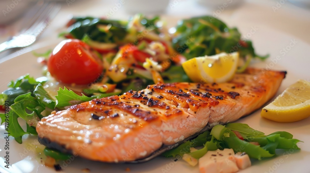 plate of grilled salmon with steamed vegetables, showcasing a balanced meal rich in omega-3 fatty acids and essential nutrients. plate of grilled salmon with steamed vegetables, showcasing a balanced meal rich in omega-3 fatty acids and essential nutrients.