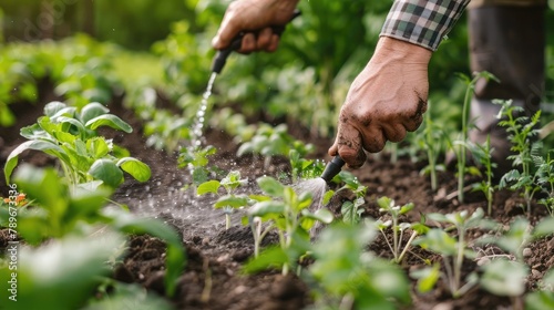 person spraying organic fertilizer on a vegetable garden, providing essential nutrients for plant growth while minimizing environmental impact.