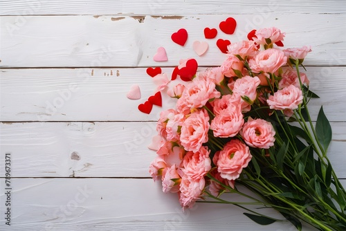 Pink flowers on white wood, Valentines concept with copy space