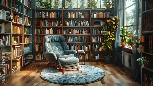 Cozy Nook with Scandinavian Armchair in Minimalist Library. Concept Library Decor, Minimalist Design, Scandinavian Style, Cozy Nook, Armchair Comfort
