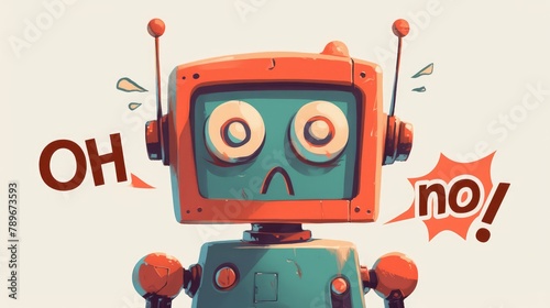 A cartoon illustration featuring a classic robot cartoon exclaiming oh no against a plain white backdrop