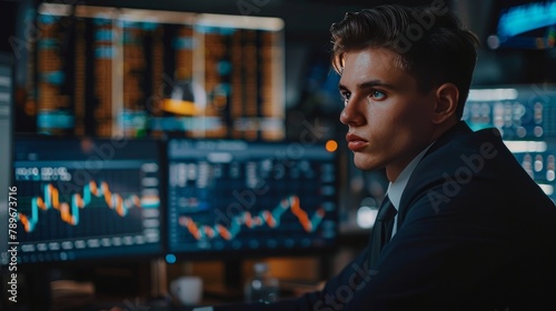 Successful and concentrated trader in formalwear looking at monitor, analyzing global bitcoin price on network diagram, working in office photo