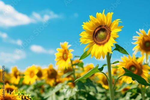   A field of sunflowers under a clear blue sky in the countryside.